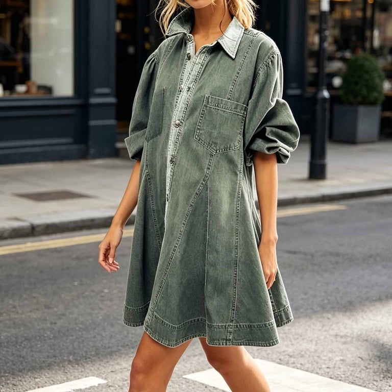 Uaswgudfs Women Casual Denim Dress Long Sleeve Lapel Collar A Line Swing Flare Hem Button Down Shirt Dress with Pockets for Daily Vacation