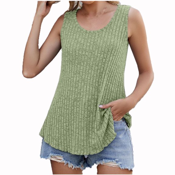 Uaswgudfs Women Cotton Crew Neck Flowy Loose Fit Tank Top Sleeveless Summer Tops Breathable Shirts Basic Blouse