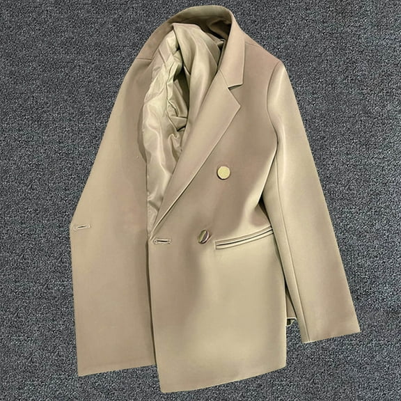 Uaswgudfs Women Double Breasted Notched Lapel Loose Fit Long Sleeve Suit Coat with Pockets Blazer Jacket