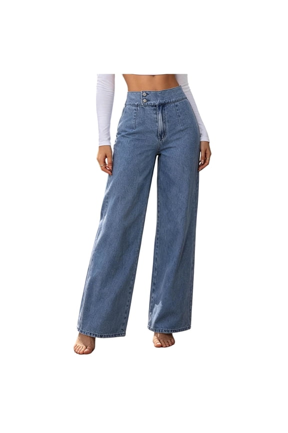 Women High Waist Double Button Vintage Light Wash Wide Leg Denim Jeans, Tailored Straight Loose Long Pants for Daily Casual Weekend Outfits