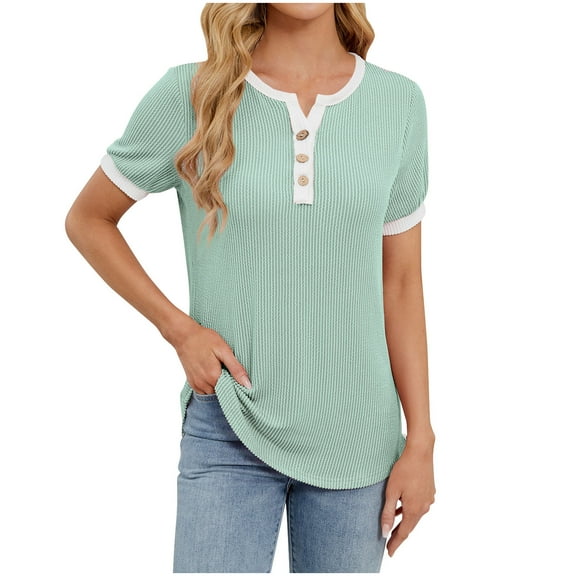 Uaswgudfs Women Knitted V-Neck Pleated Short Sleeve Summer Basic Blouse Decorative Buttons Party Casual Tunic Top
