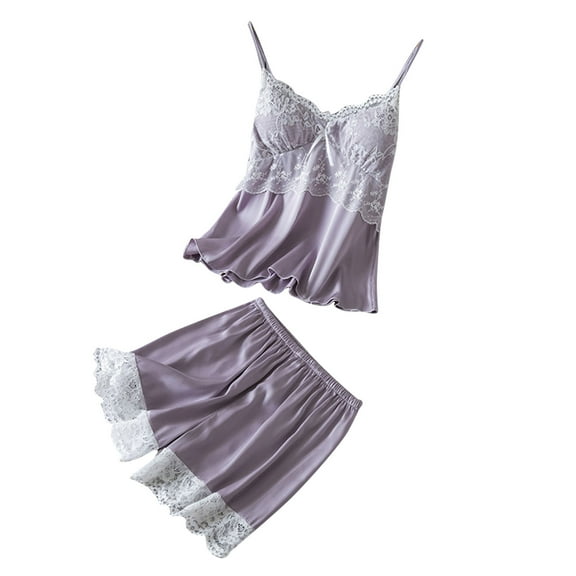 Uaswgudfs ​Women Pajama Set Heart-Shaped Neckline - Silky Lace Trim & Bow Accent for Home Wear​ Purple M