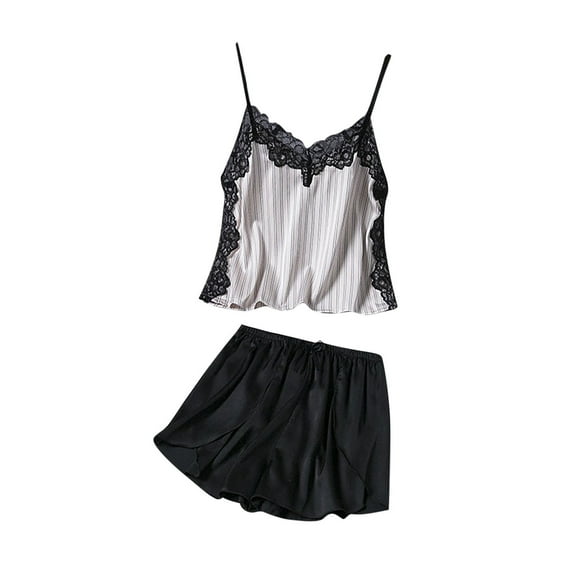 Uaswgudfs ​Women Pajama Set Spaghetti Strap V-Neck - Loose Shorts & Draping Fabric Black L