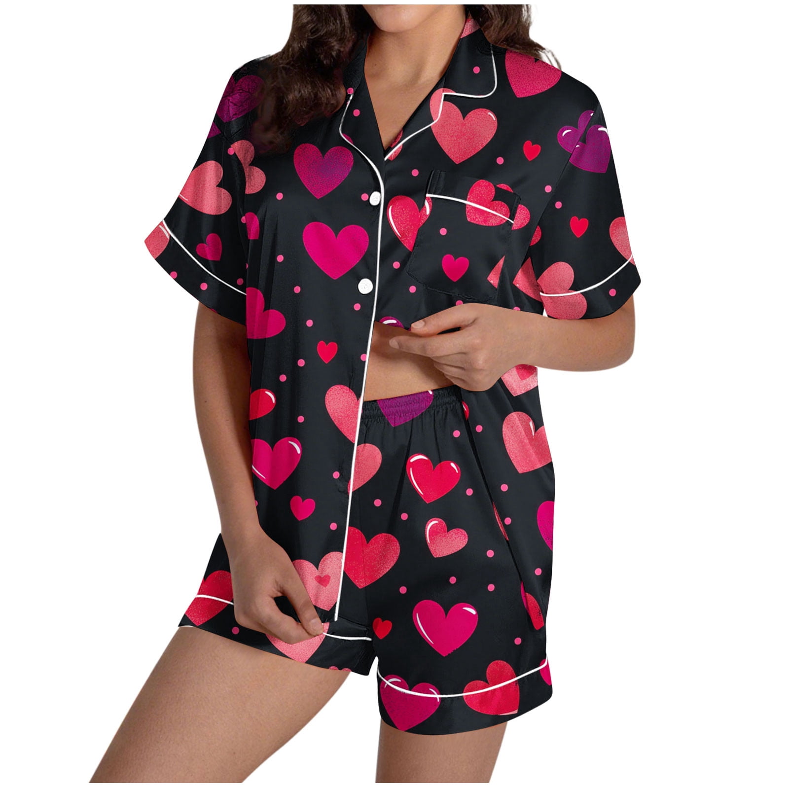 Uaswgudfs Women Purple Watercolor Heart Print Short Sleeve Pajama Set 2 ...