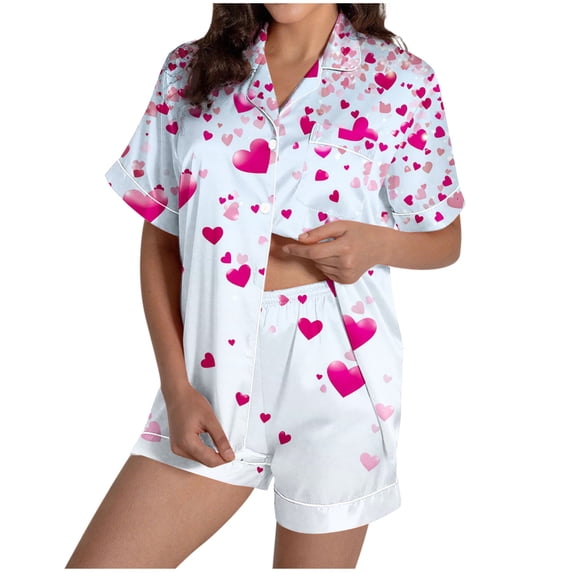 Uaswgudfs Women Red White Blue Heart Print Short Sleeve Pajama Set 2 Piece Button Down Pocketed Shorts Loungewear Sleepwear Purple M