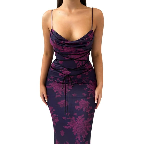 Uaswgudfs Women ​Sleeveless Crisscross Wrap Sundress 2025 – Summer Maxi Dress with Floral Mesh & Adjustable Drawstring Waist Purple XL