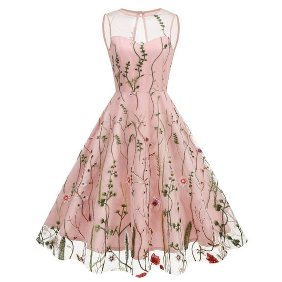 Uaswgudfs ​Women Sleeveless Floral Embroidered Midi Sundress for Summer 2025 – Sheer Neckline & Tulle A-Line Dress for Beach Weddings Pink XXL