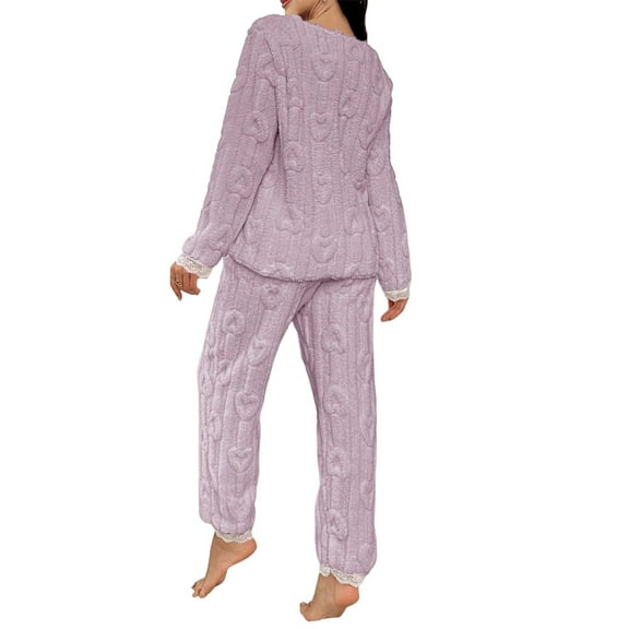 Uaswgudfs Women Soft Thick V-Neck Lace Trim Button-Up Pajama Set - Loose Straight-Leg Pants & Cuffs for Women​