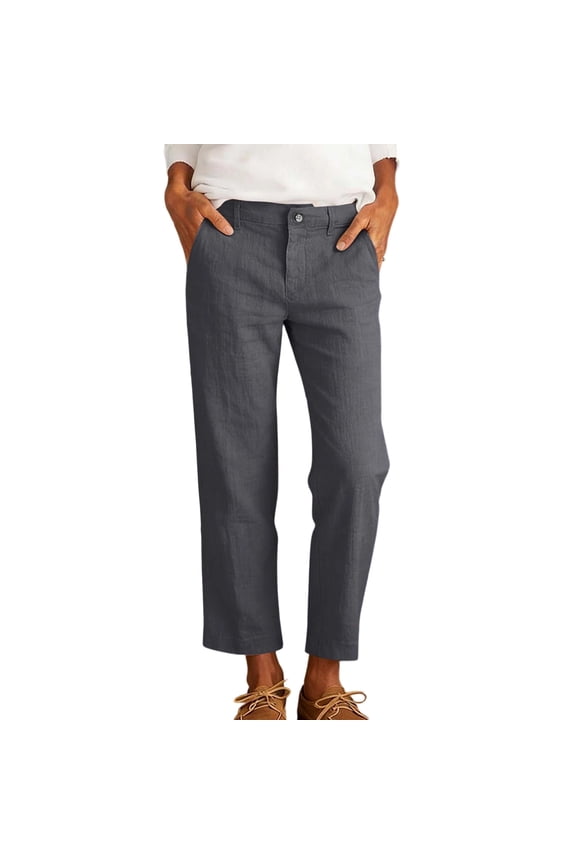 Women Solid Cotton Linen Blend Straight Leg Dress Pants, Slim Fit Cropped Casual Trousers with Pockets for Office Daily Vacation Wear