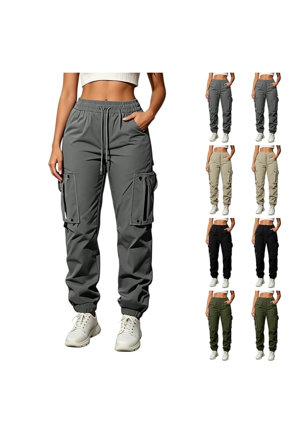 Women Solid Olive Jogger Cargo Pants, Elastic Drawstring Waist Multi Zip Pocket Utility Trousers, Light Woven Pants for Street Hiking Daily Casual Outings