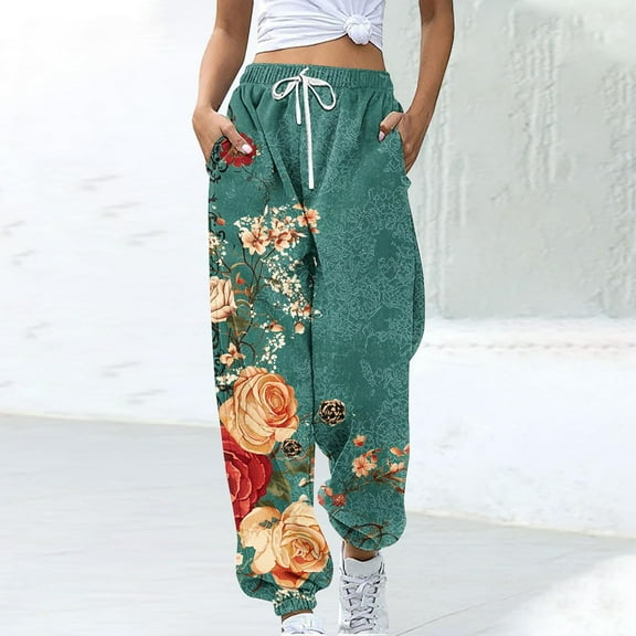 Uaswgudfs Women Summer Boho Pants High Waist Wide Leg Floral Casual Trendy Lounge Trousers with Pockets Army Green L