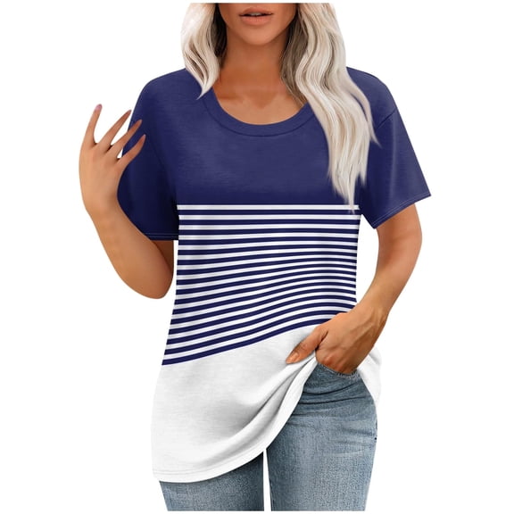 Uaswgudfs Women Summer Casual Shirts: Short Sleeve Striped Tunic Tops - Womens Crew Neck Tee Tshirt Blouses