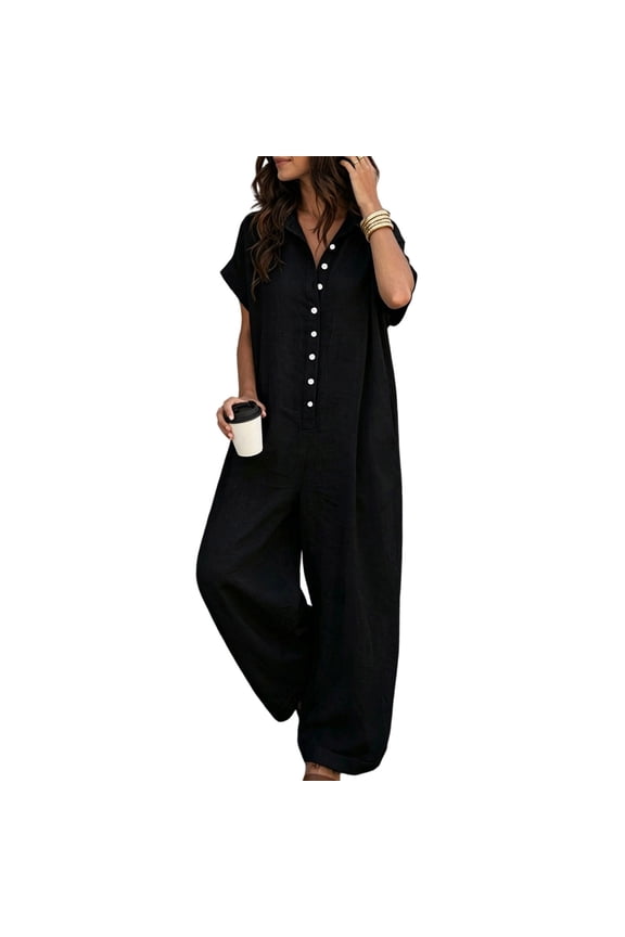 Women Summer Short Sleeve Button Down Playsuit Solid Color Lapel Collar Wide Leg Jumpsuit Casual Loose Romper Daily Beach Vacation