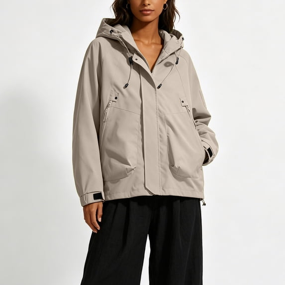 Uaswgudfs Women Windbreaker Waterproof Jacket Long Sleeve Hooded Safari Coat with Multi Pockets for Outdoor Hiking Travel Daily Wear