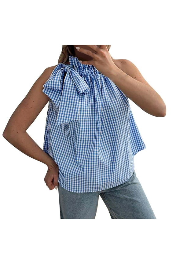 Women Y2k Striped Tank Top Sleeveless Halter Neck Tie Back Loose Plaid Shirt Cute Ruffle Hem Flowy Cami Vest Top