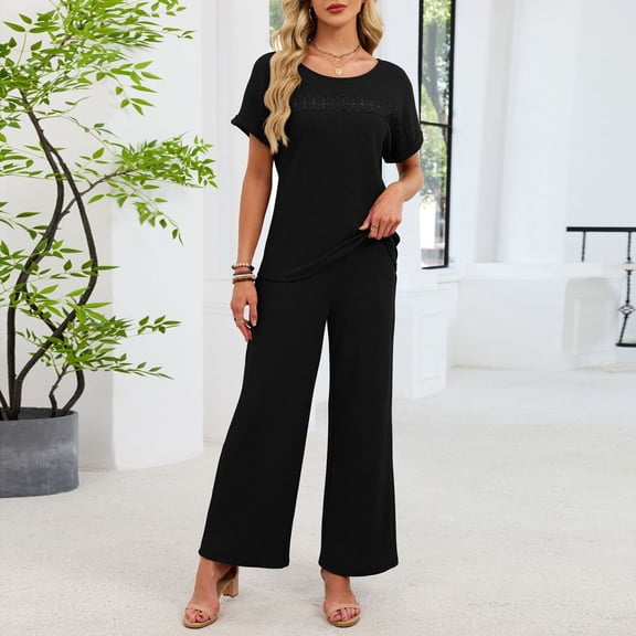 Uaswgudfs Women's 2-Piece Casual Pajama Set - Short Sleeve Top Wide-Leg Pants Lounge Wear for Women, Comfortable Loungewear Outfit
