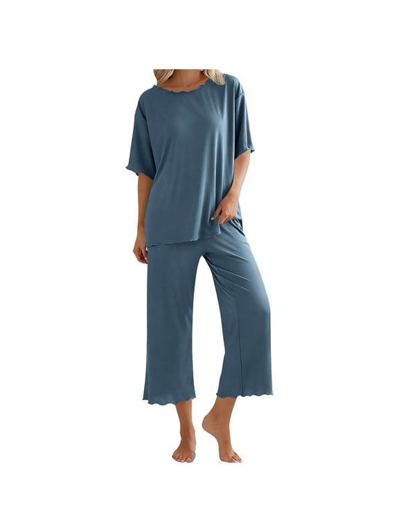 Women's 2-Piece Ruffled Edge Short Sleeve Top & Capri Pants Pajama Set Casual Loungewear Sleepwear Blue L