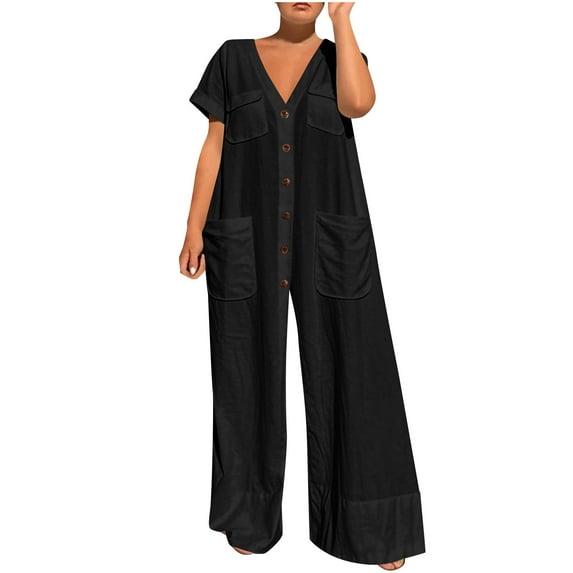 Uaswgudfs Women's 2025 Summer Cap Sleeve Jumpsuits Deep V Neck Button Onesie Wide Leg Pants Rompers Black L