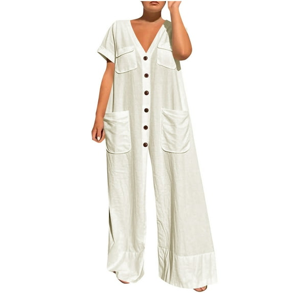 Uaswgudfs Women's 2025 Summer Cap Sleeve Jumpsuits Deep V Neck Button Onesie Wide Leg Pants Rompers White 2XL