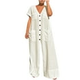 thumbnail image 1 of Uaswgudfs Women's 2025 Summer Cap Sleeve Jumpsuits Deep V Neck Button Onesie Wide Leg Pants Rompers White S, 1 of 6