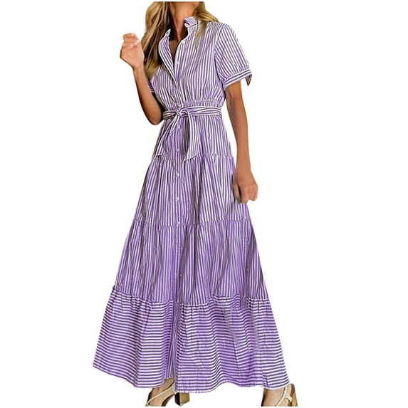 Uaswgudfs Women's 2025 Summer Casual Belted Button-Front Short Sleeve Midi Dress - Tiered Skirt Lightweight Versatile Occasion Dress Purple L