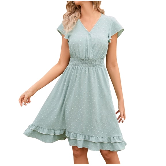 Uaswgudfs Women's 2025 Summer Casual Short Sleeve V-Neck Dress - Tiered Ruffle Hem & Elastic Waist Lightweight Boho Style Mint Green 2XL