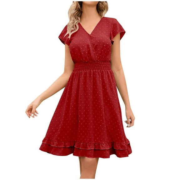 Uaswgudfs Women's 2025 Summer Casual Short Sleeve V-Neck Dress - Tiered Ruffle Hem & Elastic Waist Lightweight Boho Style Red L