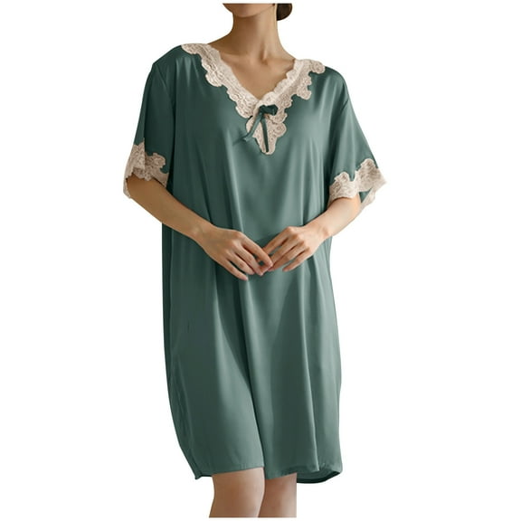 Uaswgudfs Women's 2025 Summer Casual V-Neck Midi Dress - Lace Trim Short Sleeve Silky Flowy Fabric Elegant Everyday Green S
