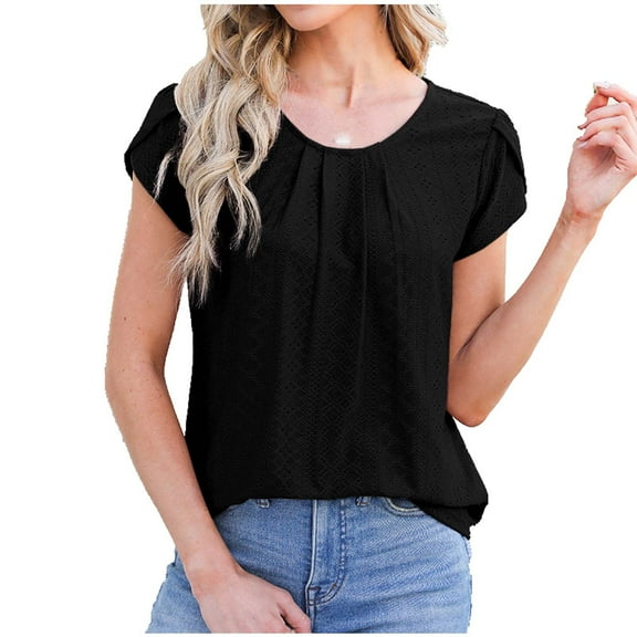 Uaswgudfs Women's 2025 Summer Eyelet Tops Casual Pleated Petal Short Sleeve T-Shirt Going Out Dressy Blouse