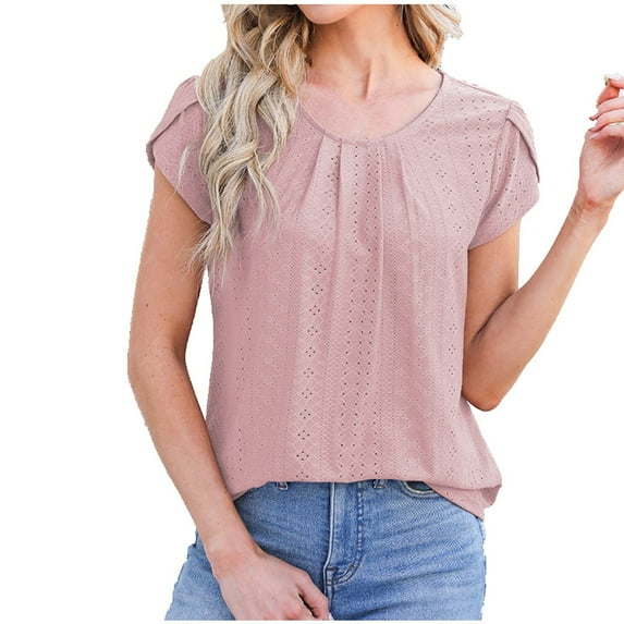 Uaswgudfs Women's 2025 Summer Eyelet Tops Casual Pleated Petal Short Sleeve T-Shirt Going Out Dressy Blouse