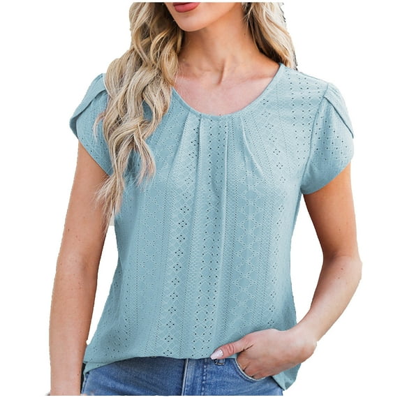 Uaswgudfs Women's 2025 Summer Eyelet Tops Casual Pleated Petal Short Sleeve T-Shirt Going Out Dressy Blouse