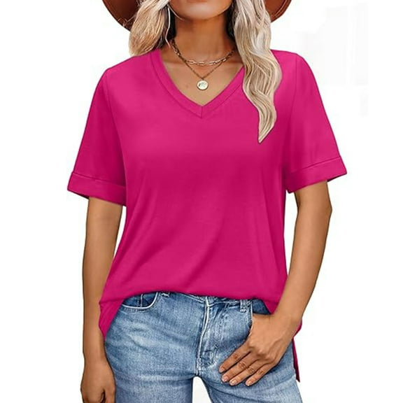 Uaswgudfs Women's 2025 Summer Oversized Blouse-Tee - V-Neck Solid Color Short Sleeve Tunic Top with Curved Hem Detail & Relaxed Fit