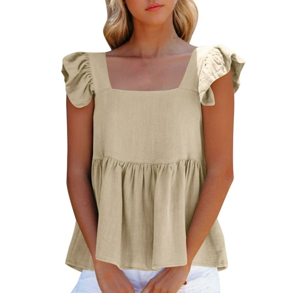 Uaswgudfs Women's 2025 Summer Square Neck Babydoll Loose Blouse - Ruffle Strap Sleeveless Tank Top