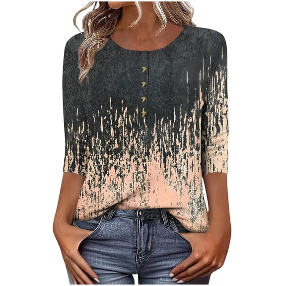 Uaswgudfs ​Women's 3/4 Sleeve Round Neck T-Shirt: Floral Abstract Accents & Lightweight Fabric for Casual Summer BlousesBrownXL
