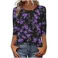 thumbnail image 1 of Uaswgudfs ​Women's 3/4 Sleeve Round Neck T-Shirt: Floral Abstract Accents & Lightweight Fabric for Casual Summer BlousesPurple3XL, 1 of 7