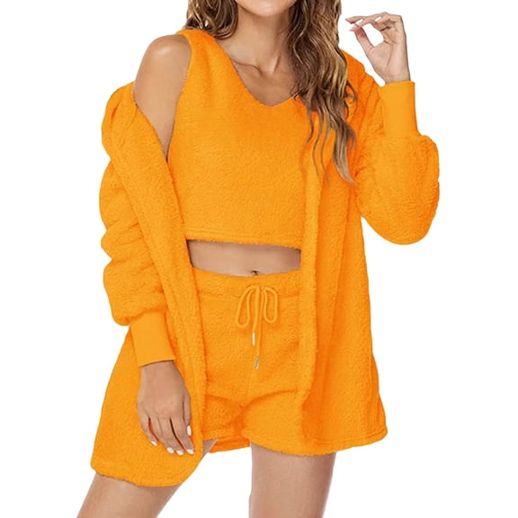 Uaswgudfs Women's 3 Piece Fuzzy Plush Loungewear Set Fluffy Pajama Sleepwear Jacket Crop Top Shorts Cozy Comfortable Home Clothes Winter Soft Warm Pajama Set