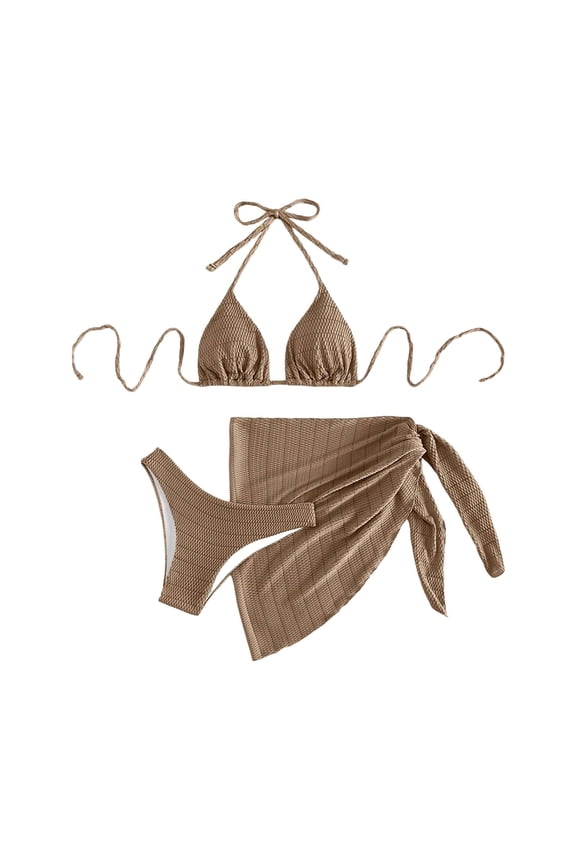 Women's 3 Piece Textured Bikini Set Halter Triangle Top Wrap Cover Up Skirt High Cut Bathing Suit for Beach Pool Vacation Brown XL