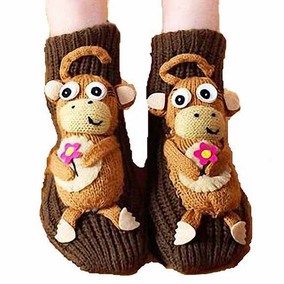 Uaswgudfs Women's 3D Cartoon Monkey Slipper Socks, Adult Non-Slip Floor Socks Thickened Winter Warm Knitted Socks, Cozy Christmas Home Socks for Indoor Use