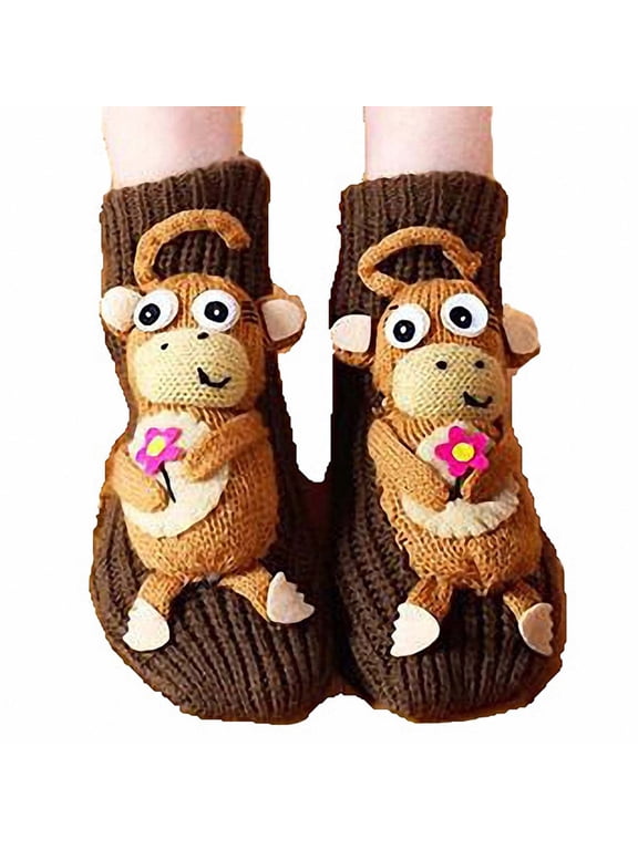 Women's 3D Cartoon Monkey Slipper Socks, Adult Non-Slip Floor Socks Thickened Winter Warm Knitted Socks, Cozy Christmas Home Socks for Indoor Use