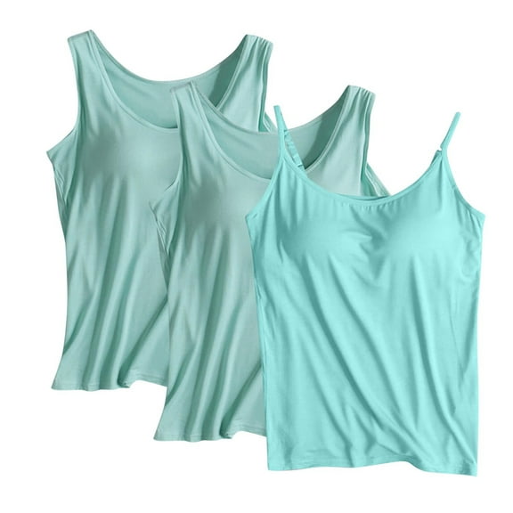 Uaswgudfs Women's 3PC With Built-in Padding Camisole Tank Tops Crew Neck Spaghetti Strap Blouses Leisure Home Sleeveless Cami Shirt
