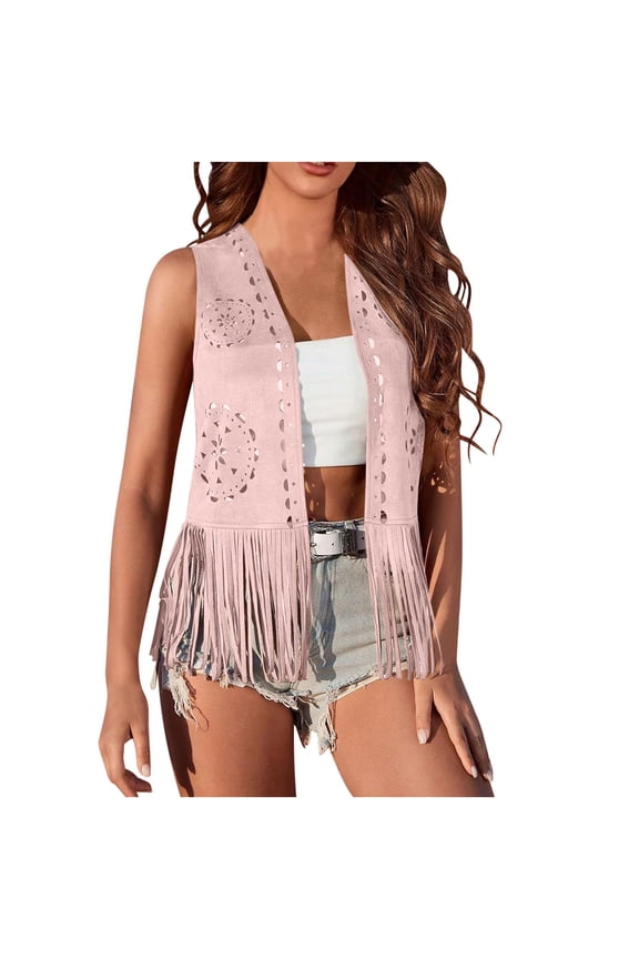 Women's 70s Hippie Fringe Vest, Suede-Like Sleeveless Casual Jacket, Western Laser-Cut Tassel Gilet for Festival, Boho & Street Outfits Pink XL
