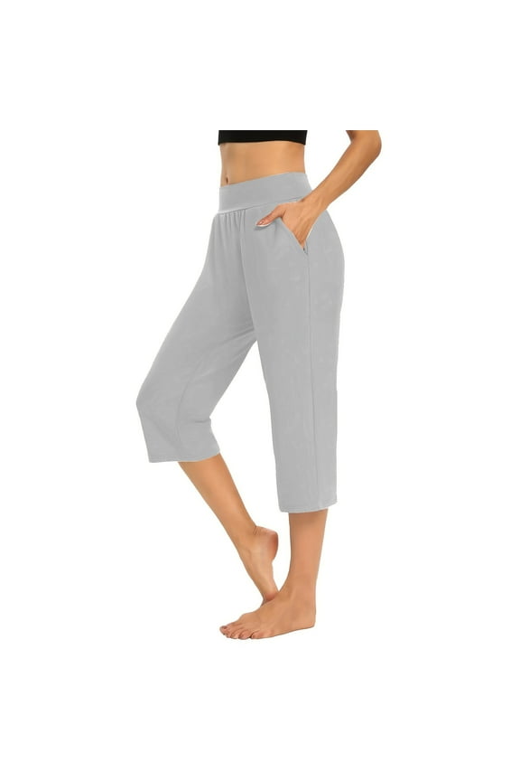 Women's 7in Capri Yoga Pants Loose Fit Elastic Waistband Casual Workout Pants, Breathable Stretchy for Gym Dance Gray M