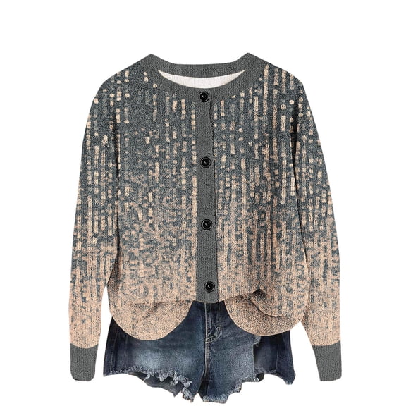 Uaswgudfs Women's Artistic Gradient Printed Knit Cardigan, Long Sleeve Button-Front Crew Neck Casual Fashion Outerwear - Trendy Daily Wear Sweater Brown M