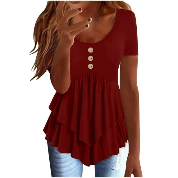 Uaswgudfs Women's Asymmetric Layered Flounce Hem Tee: Decorative Button Short Sleeve Summer T-Shirt with Relaxed Comfort Fit Wine L