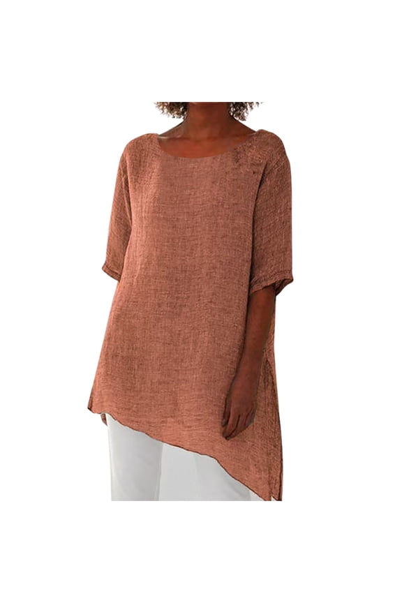 Women's Asymmetrical Hem Short Sleeve T-Shirt: Round Neck Summer Top with Linen-Like Breathable Fabric & Casual Modern Design Brown XXL