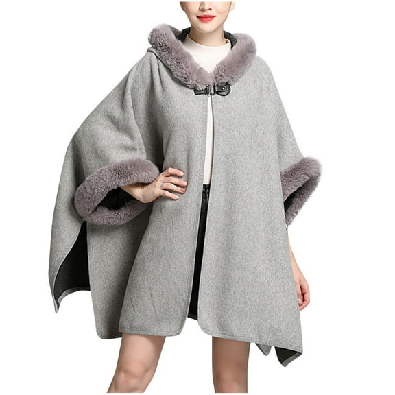 Uaswgudfs ​Women's Autumn/Winter Cape Coat: Loose Fit w/ Faux Fur Trim Hood & Asymmetrical Hem - Wool-Blend Warmth​