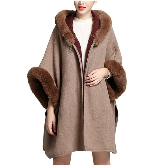 Uaswgudfs ​Women's Autumn/Winter Cape Coat: Loose Fit w/ Faux Fur Trim Hood & Asymmetrical Hem - Wool-Blend Warmth​