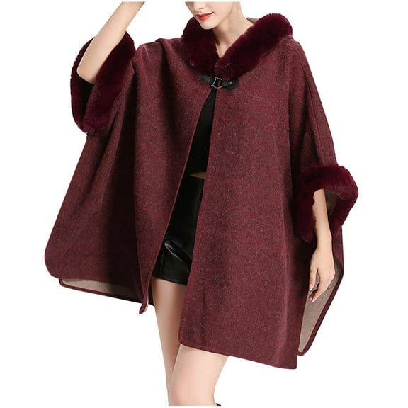 Uaswgudfs ​Women's Autumn/Winter Cape Coat: Loose Fit w/ Faux Fur Trim Hood & Asymmetrical Hem - Wool-Blend Warmth​