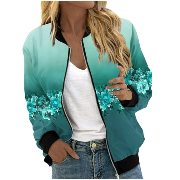 Uaswgudfs ​Women's Autumn Winter Casual Baseball Jacket Blue Green Printed Denim with Ribbed Cuffs, Zip-Up Short Coat​