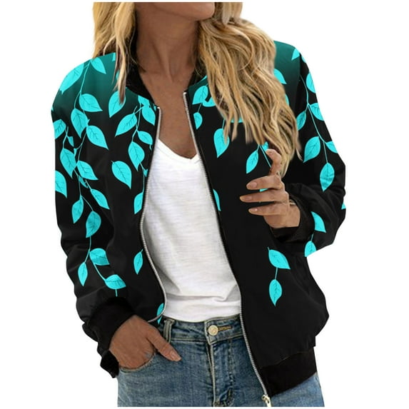 Uaswgudfs Women's Autumn Winter Casual Baseball Jacket Blue Green Printed Denim with Ribbed Cuffs, Zip-Up Short Coat